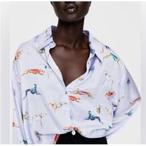 Zara | Purple Satin Greyhound Dog Print Button Down | S